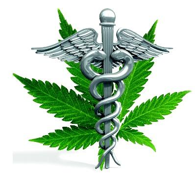 medical marijuana leaf with a caduceus and rod of asclepius.